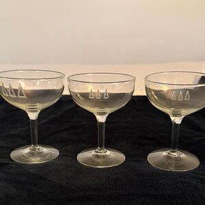 Elegant Clear Glass Coupe Set of three etched with Tri Delta logo